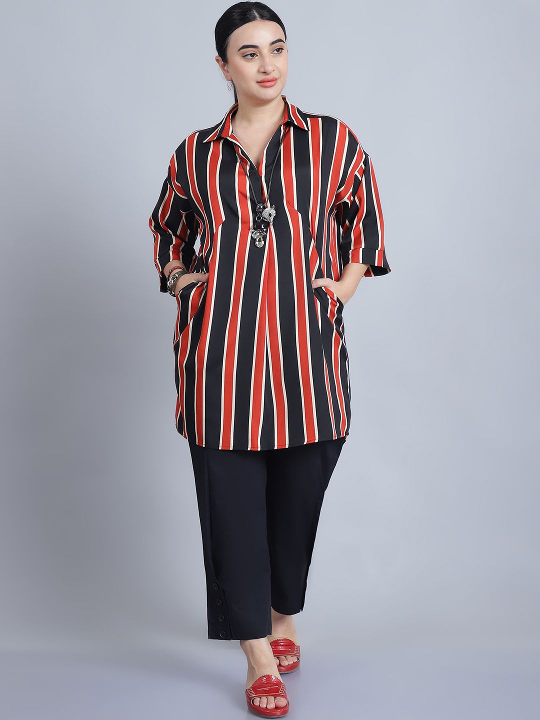 

Baawri Striped Pattern Shirt Collar Shirt Style Top, Rust