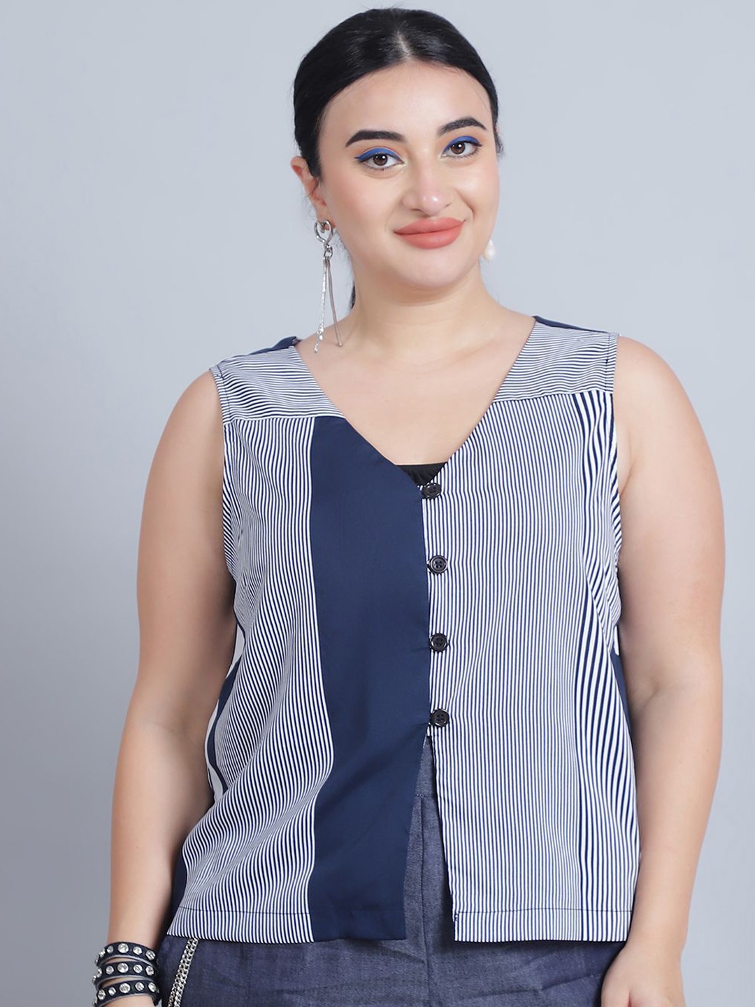 

Baawri V Neck Sleeveless Striped Top, Blue