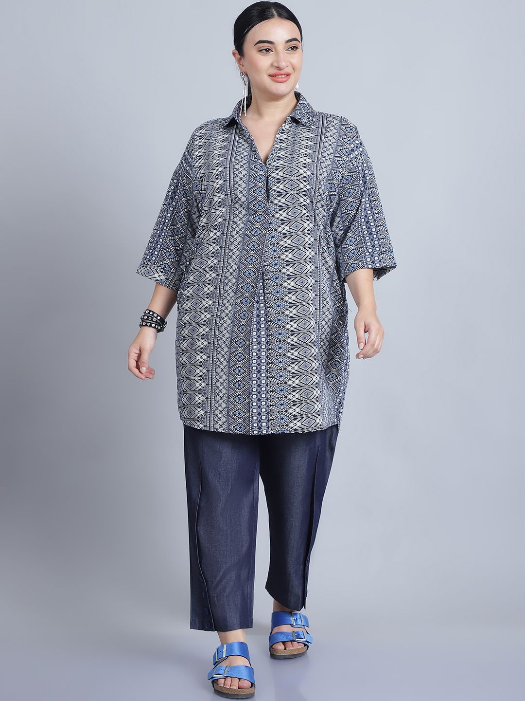 

Baawri Ethnic Printed Shirt Collar Longline Shirt Style Top, Blue