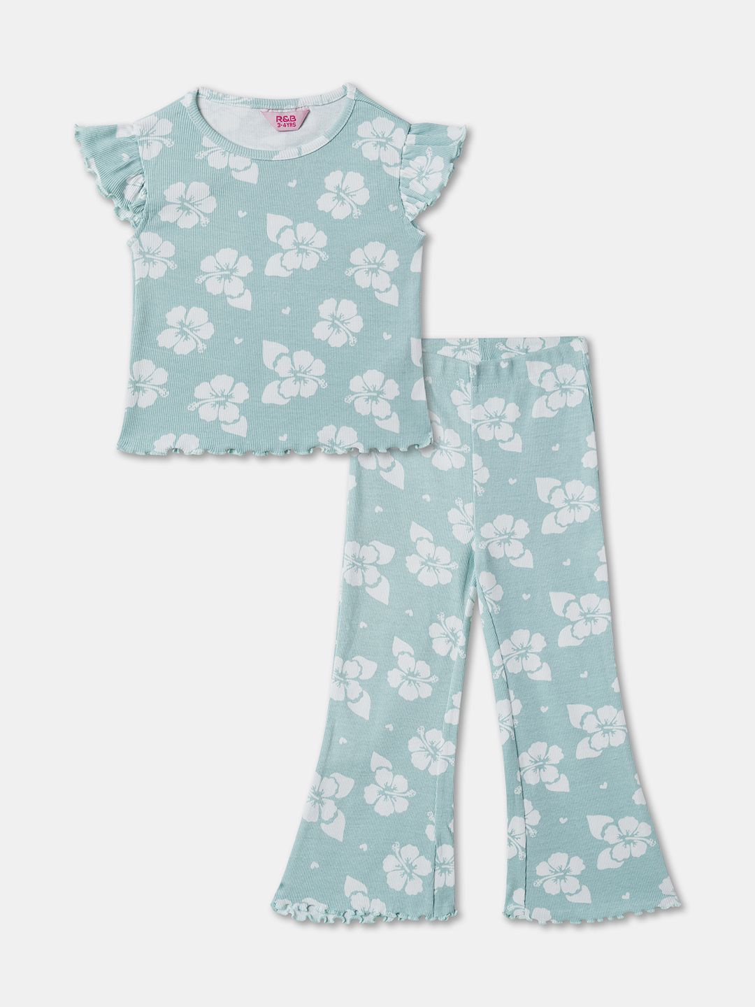 

R&B Girls Floral Printed Round Neck Pure Cotton Top with Trousers, Green