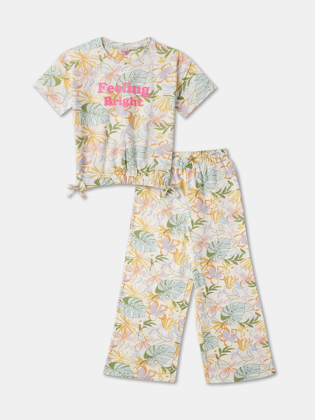 

R&B Girls Round Neck Short Sleeves Printed T-shirt with Pyjama, Yellow