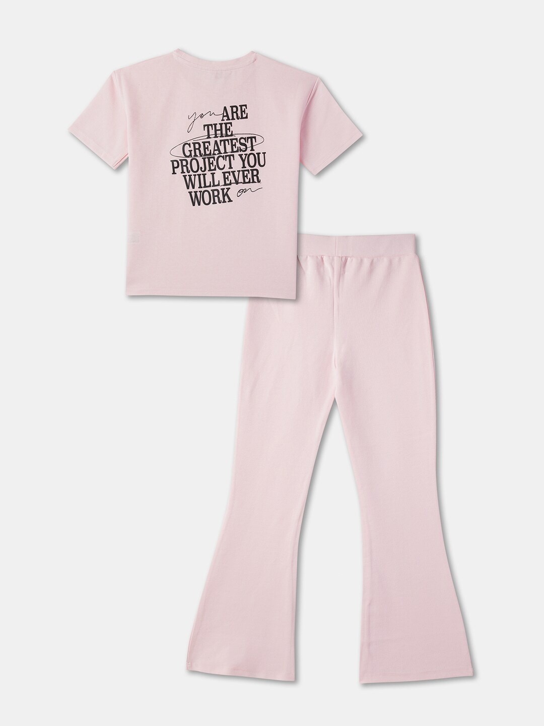 

R&B Girls Typography Printed Round Neck Pure Cotton T-shirt with Trousers, Pink