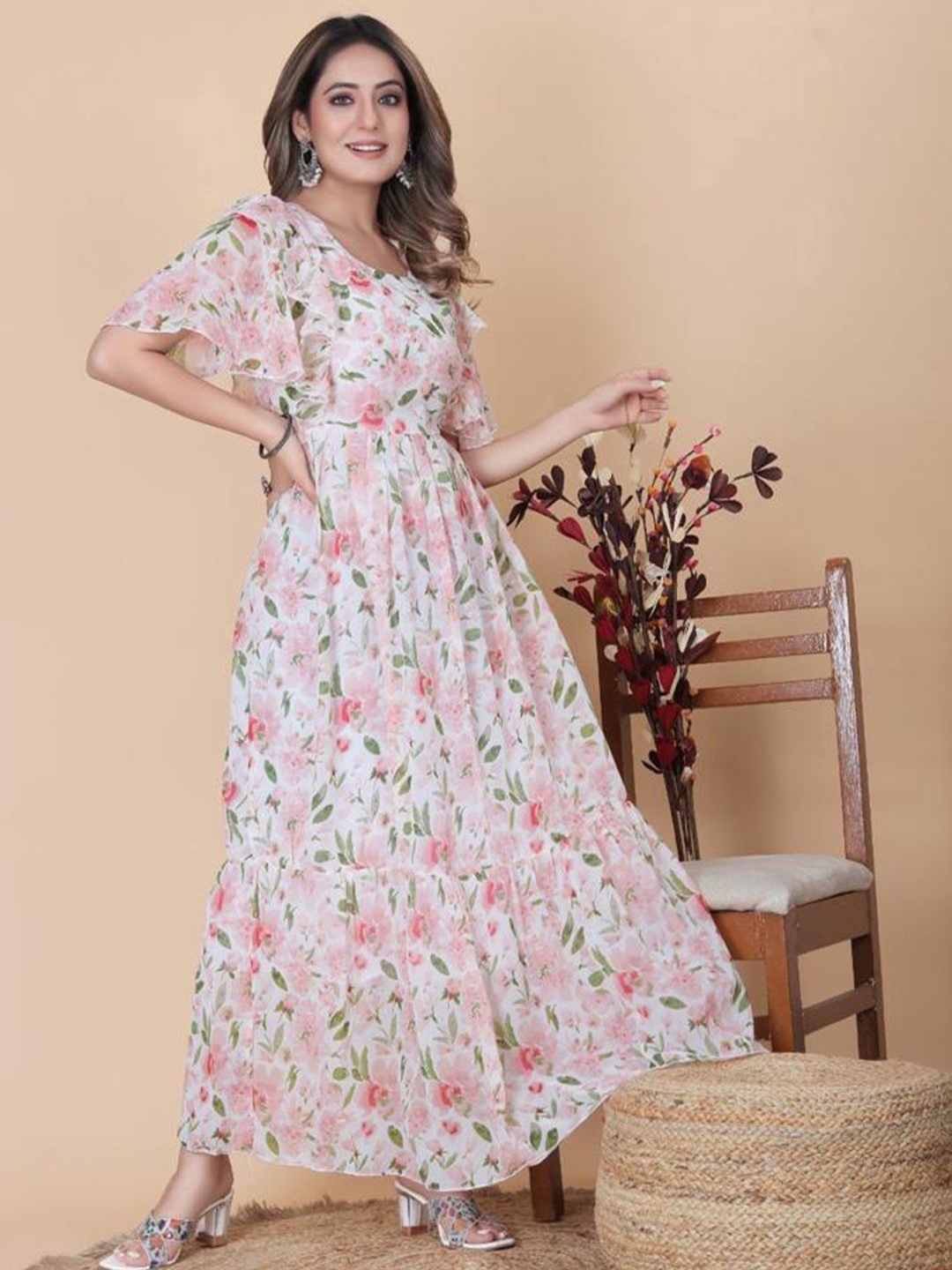 

BAESD Floral Printed Flutter Sleeve Gathered Detailed Maxi Dress, Rose