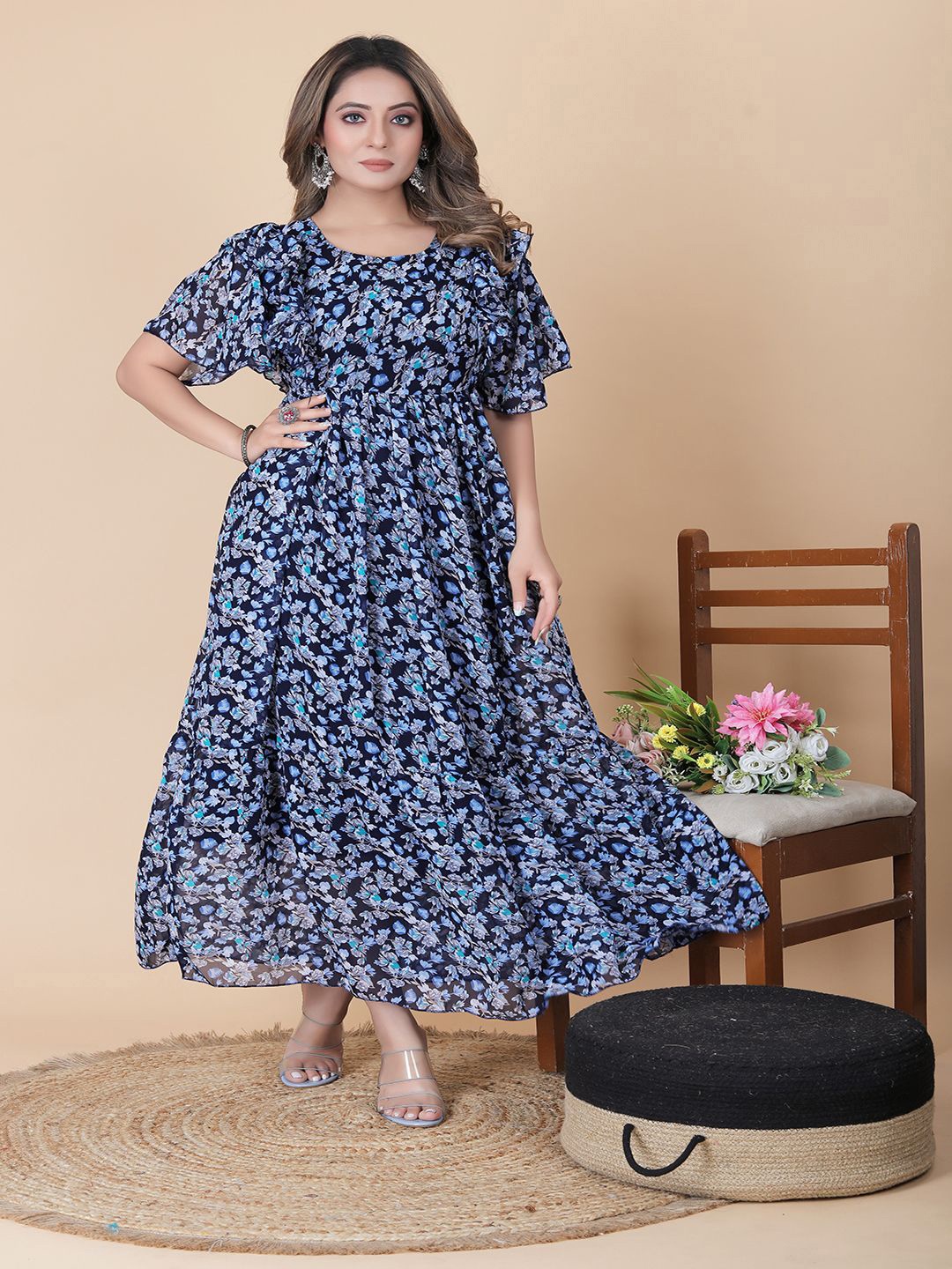 

BAESD Floral Printed Georgette Maxi Dress, Blue