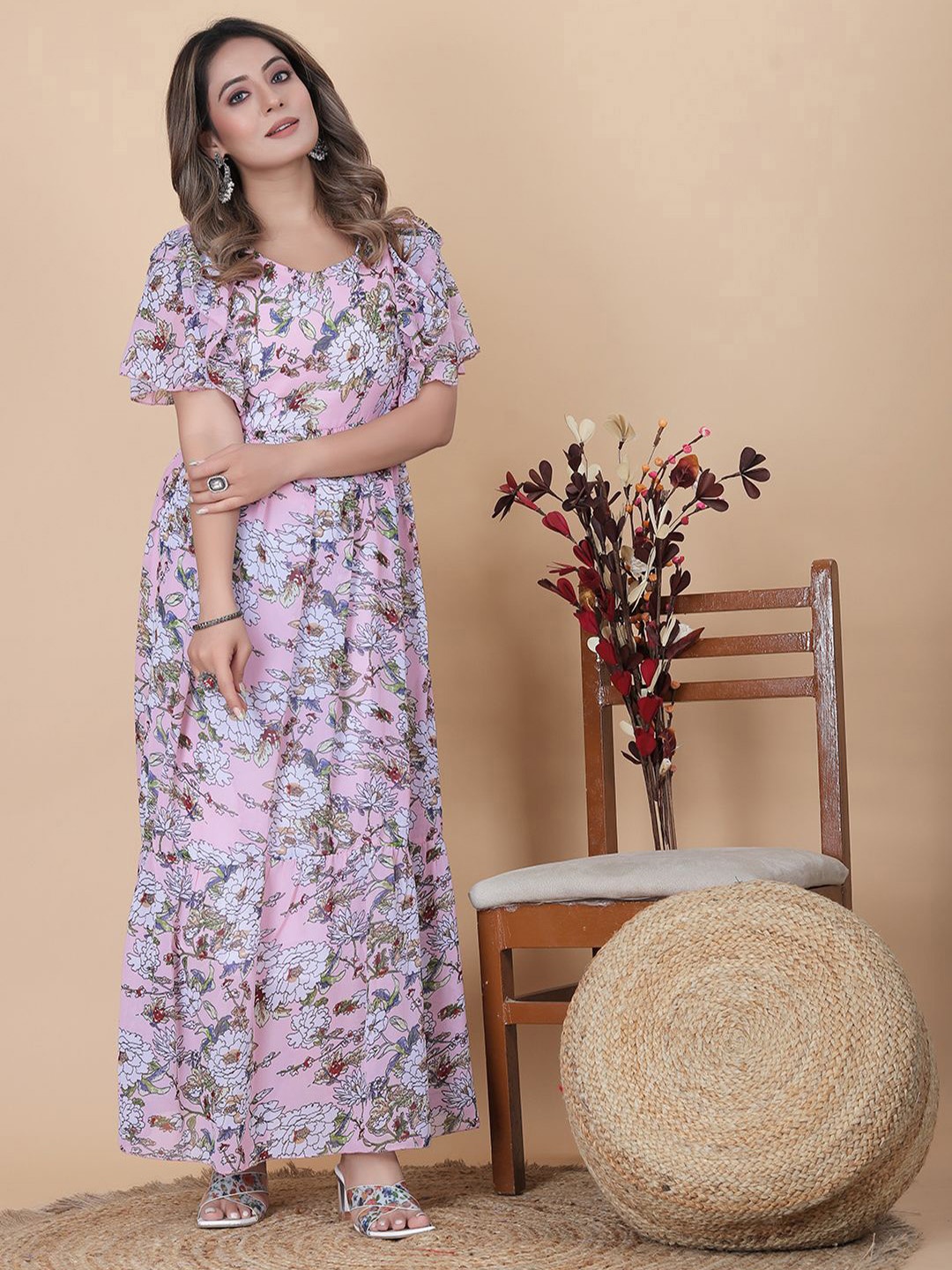 

BAESD Floral Printed Flutter Sleeve Gathered Detailed Maxi Dress, Pink
