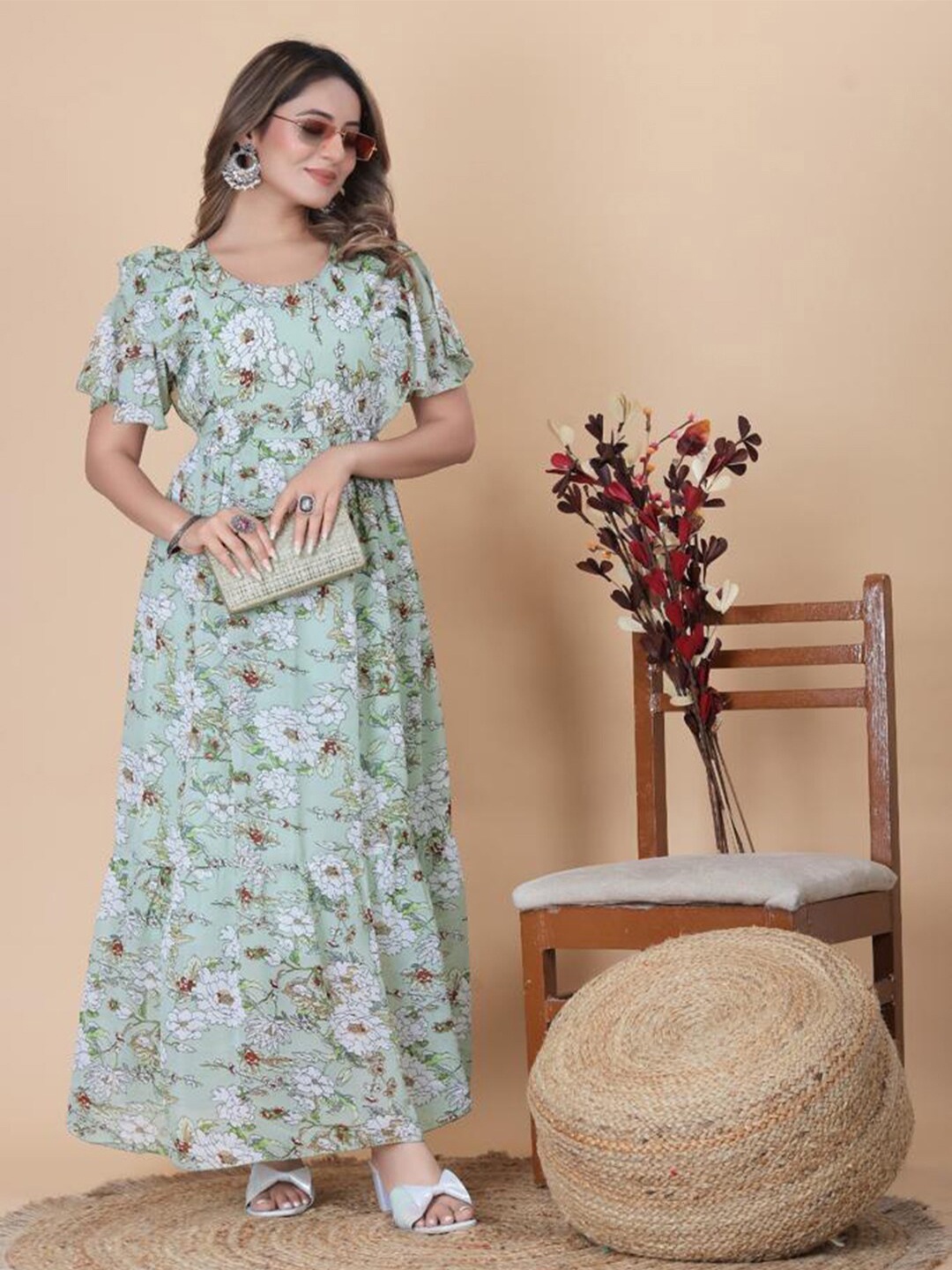

BAESD Floral Printed Flutter Sleeve Gathered Detailed Maxi Dress, Green
