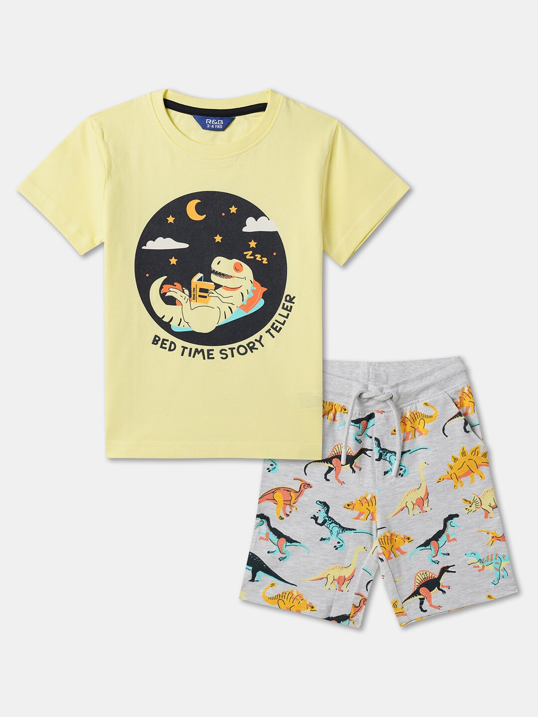 

R&B Boys Graphic Printed Round Neck Pure Cotton T-shirt with Capris, Yellow