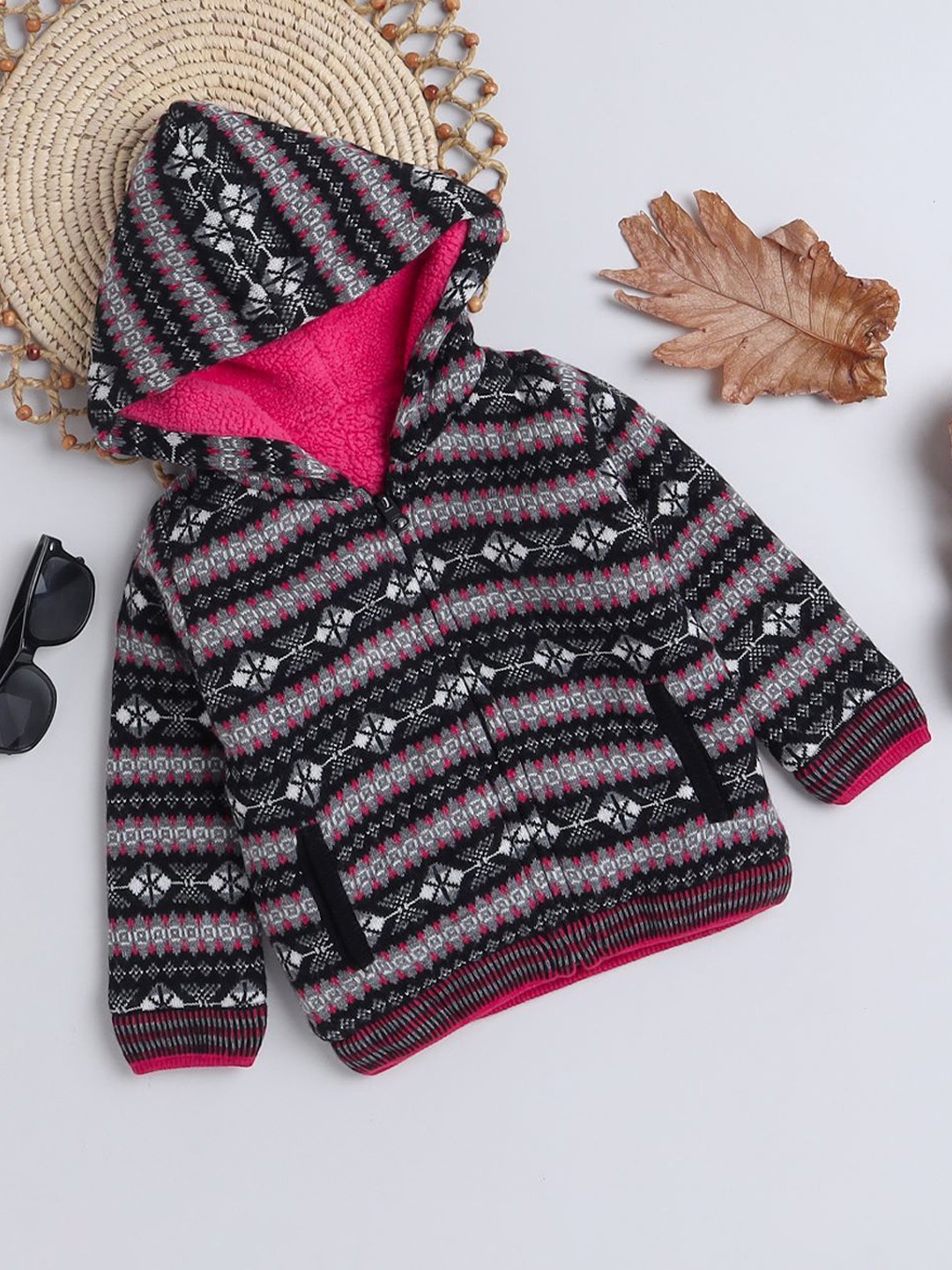 

Yellow Apple Girls Geometric Printed Hooded Woollen Front-Open Sweater, Black
