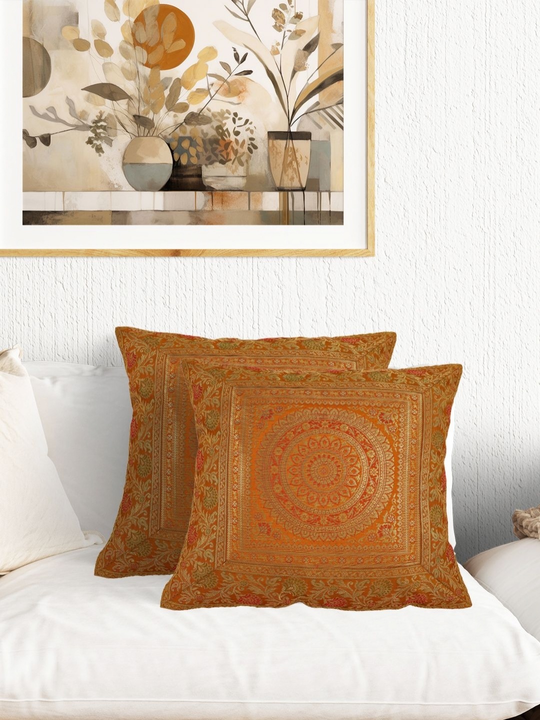 

AIVIK Orange & Gold-Toned 2Pcs Ethnic Motifs Brocade Square Cushion Covers