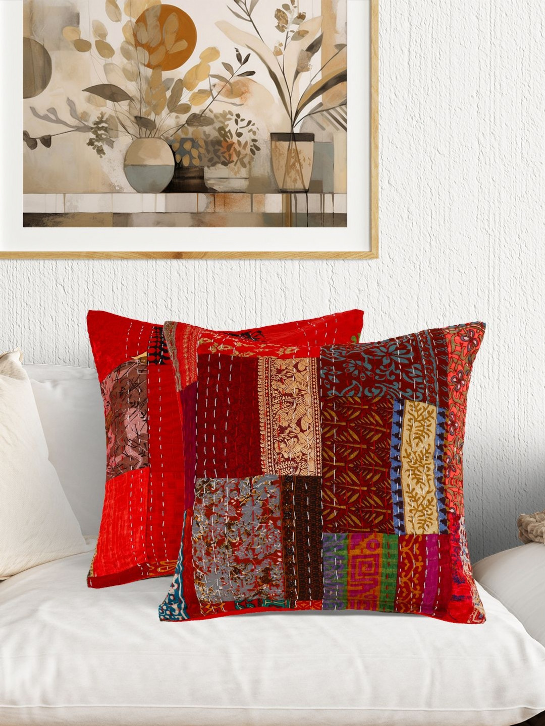 

AIVIK Red & Blue 2Pcs Ethnic Motifs Silk Square Cushion Covers