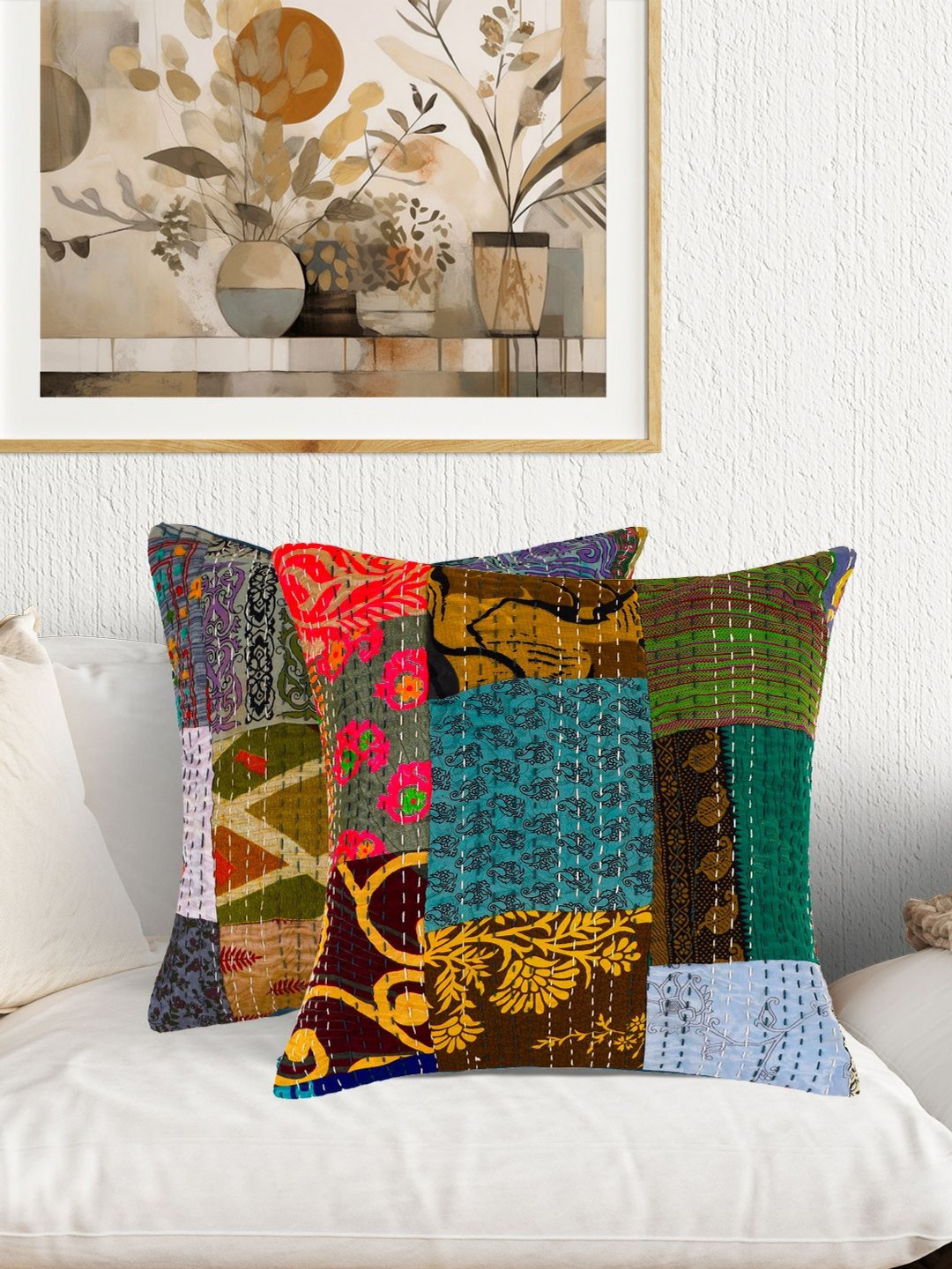 

AIVIK Green & Red 2 Pieces Ethnic Motifs Square Cushion Covers
