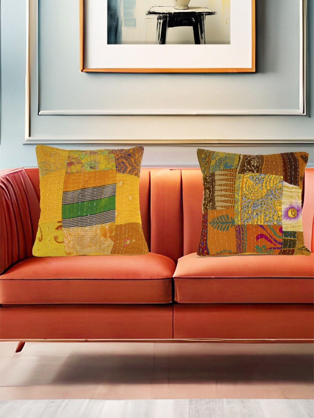 

AIVIK Yellow & Green 2Pcs Ethnic Motifs Silk Square Cushion Covers