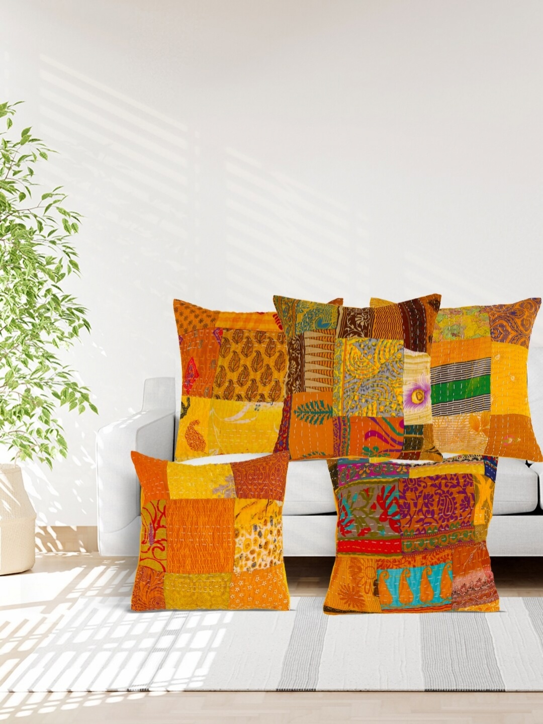 

AIVIK Yellow & Green 5Pcs Ethnic Motifs Silk Square Cushion Covers