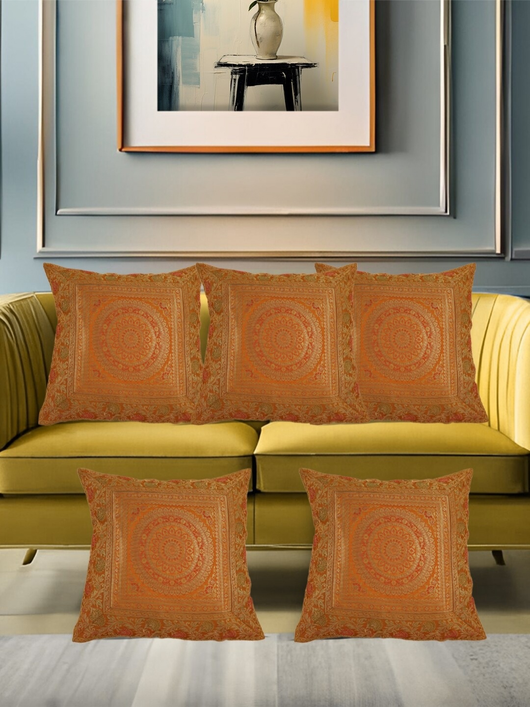 

AIVIK Orange & Gold-Toned 5 Pieces Floral Square Cushion Covers