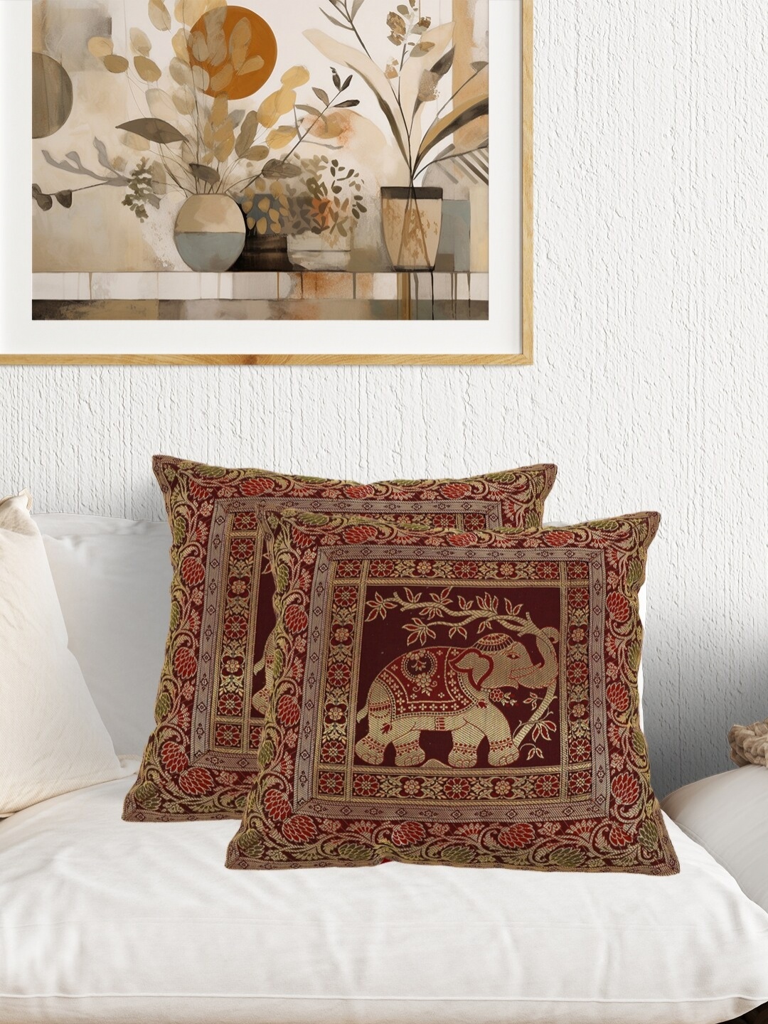 

AIVIK Brown & Beige 2Pcs Ethnic Motifs Brocade Square Cushion Covers