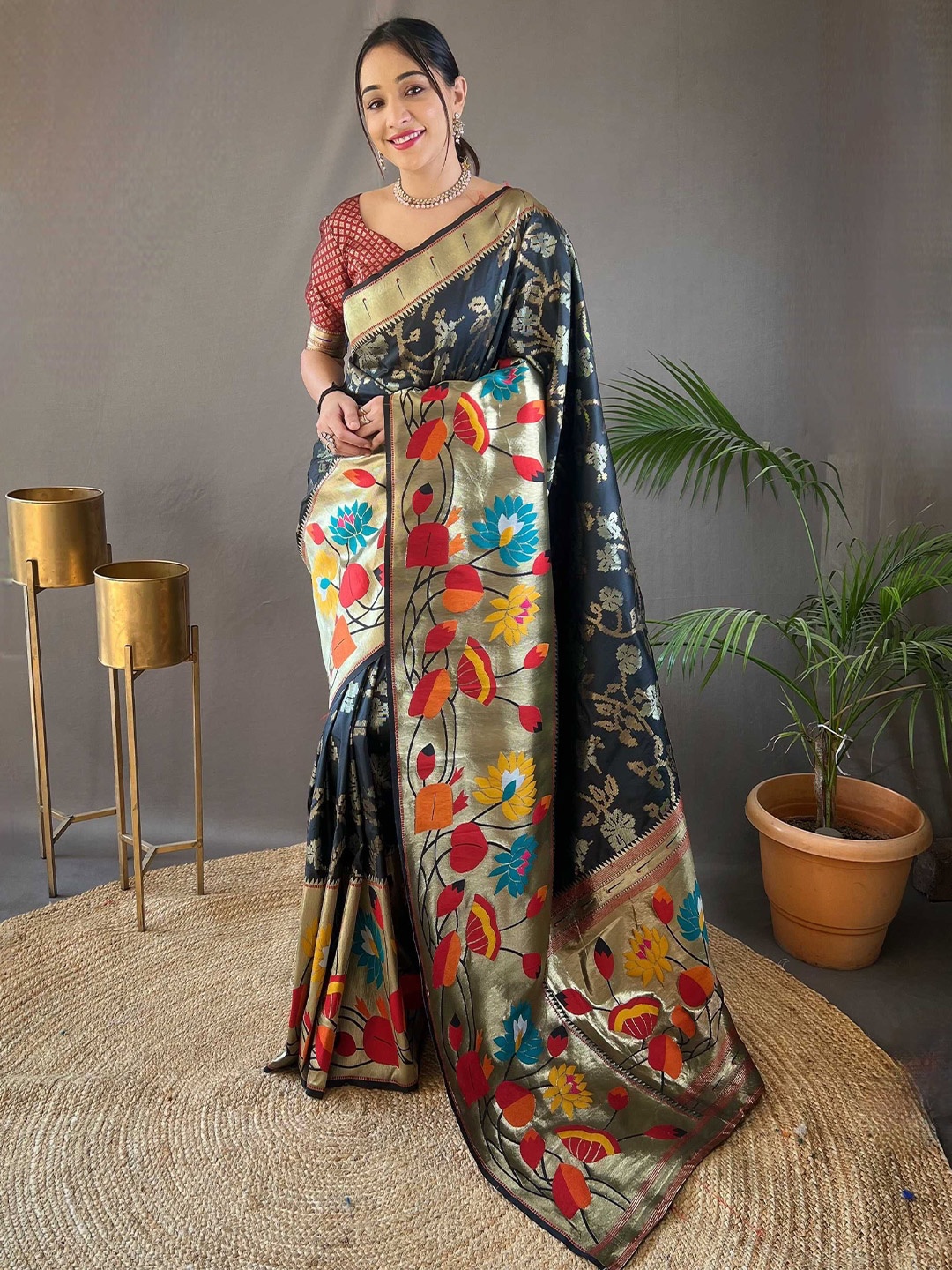 

Mitera Woven Design Zari Paithani Saree, Black