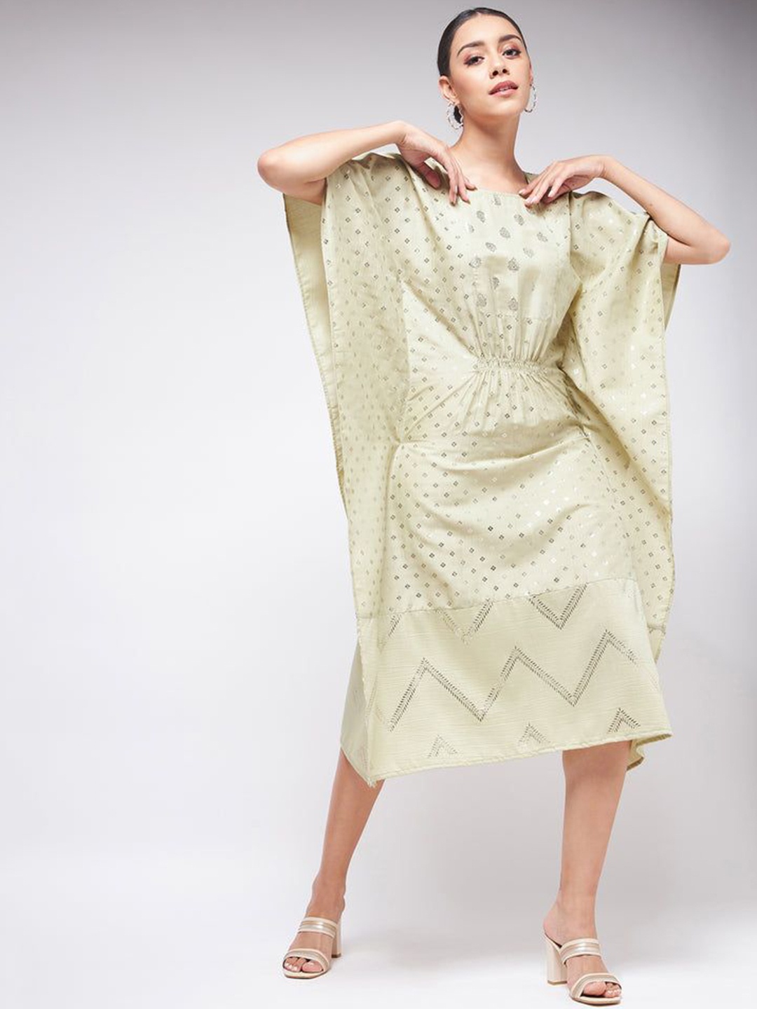 

Pannkh Round Neck Floral Foil Printed Kaftan Dress, Olive