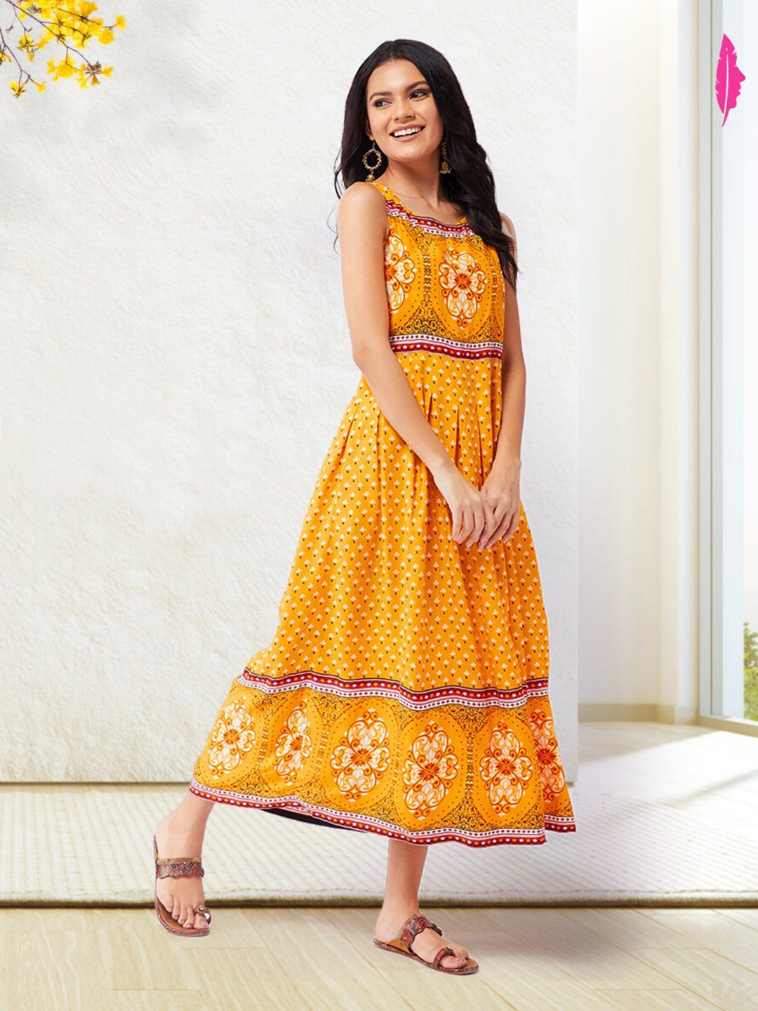 

Pannkh Ethnic Motifs Printed Fit & Flare Midi Dress, Yellow