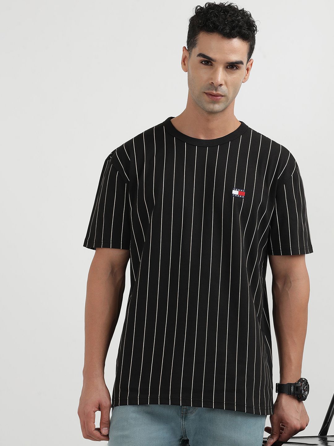 

Tommy Hilfiger Men Round Neck Striped Monochrome T-shirt, Black