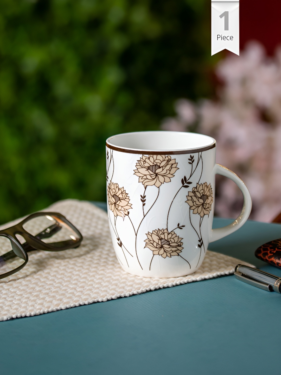 

CLAY CRAFT White & Brown Printed Ceramic Glossy Mugs Set of Cups and Mugs