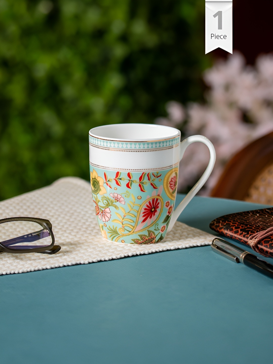 

CLAY CRAFT White & Blue Printed Ceramic Glossy Mug 300 ml