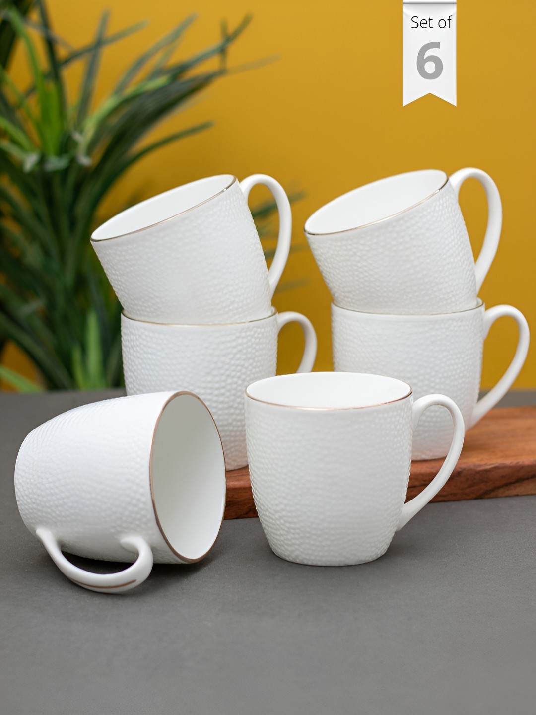 

CLAY CRAFT White 6 Pieces Textured Ceramic Glossy Cups 205 ml Each
