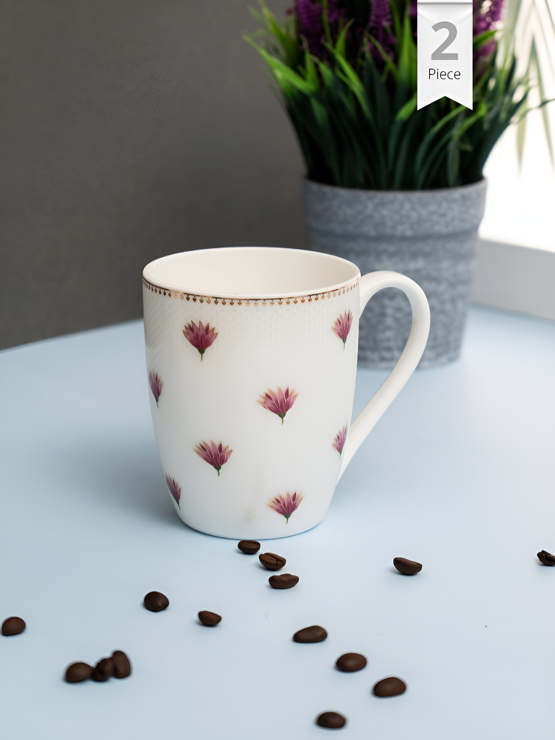 

CLAY CRAFT White & Pink 2 Pieces Printed Ceramic Glossy Mugs 300 ml Each