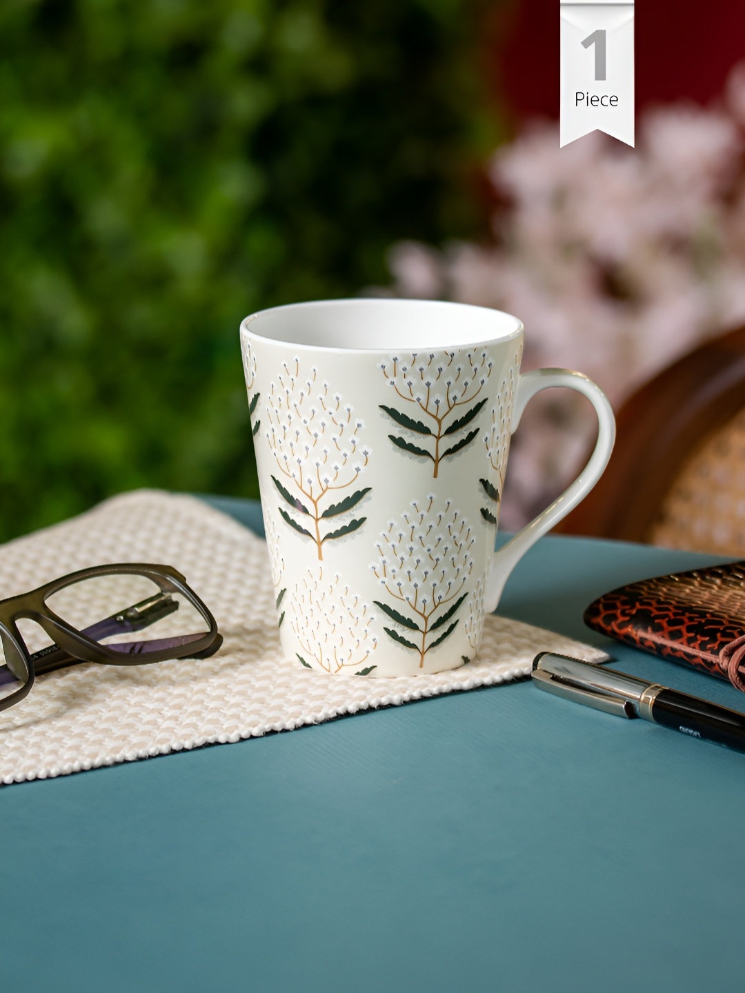 

CLAY CRAFT White & Green Printed Ceramic Glossy Mug 340 ml