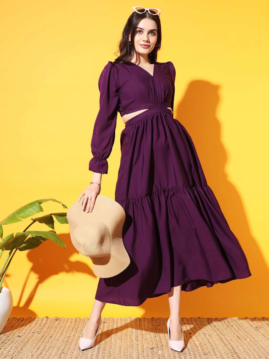 

OTABU Puff Sleeve V-Neck Cut-Outs Crepe Fit and Flare Midi Dress, Purple