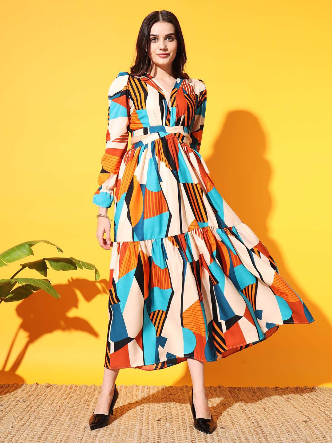 

OTABU Abstract Printed V-Neck Cut-Outs Detail Fit and Flare Dress, Multi