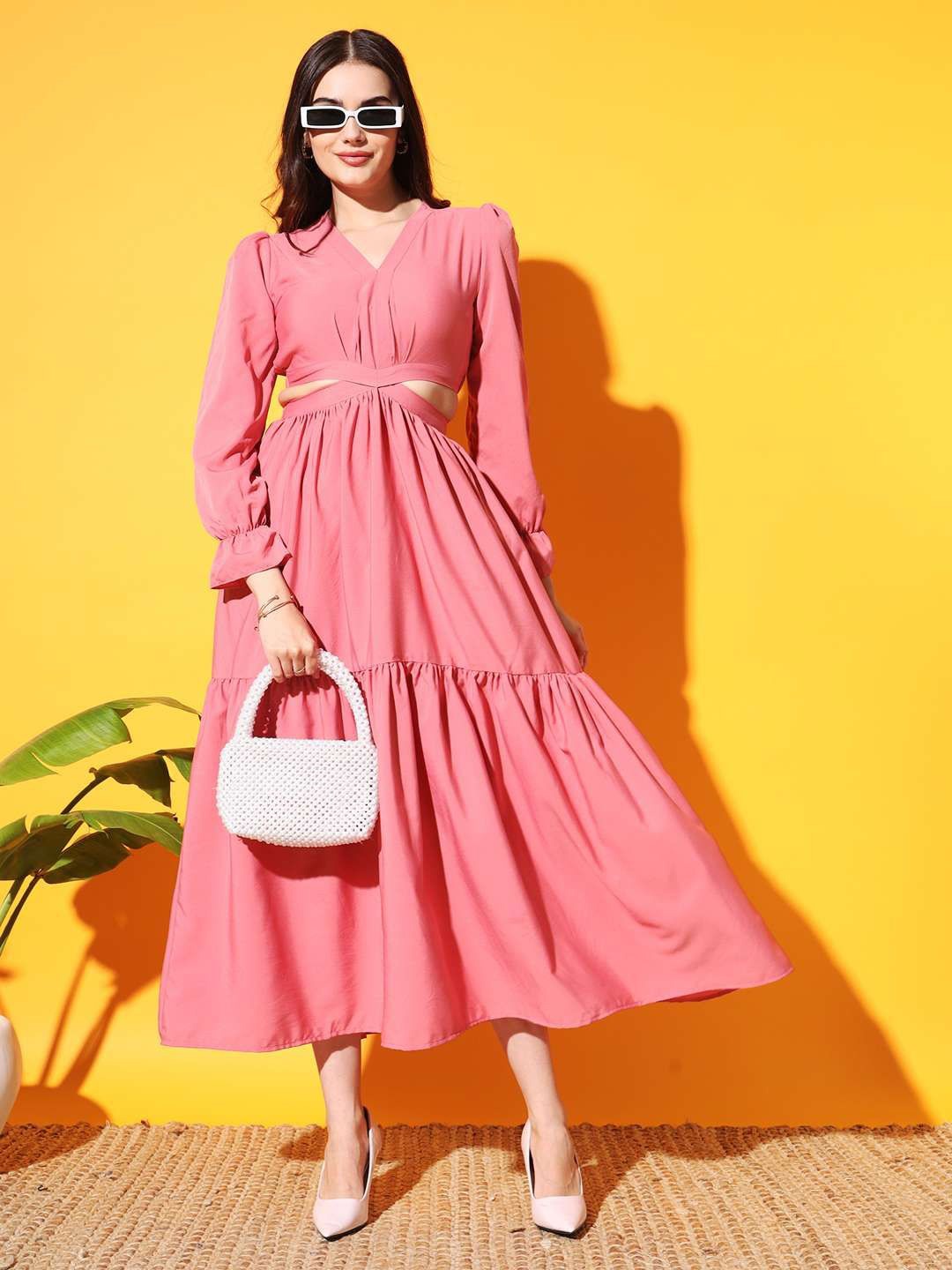

OTABU V-Neck Puff Sleeves Cut-Outs Crepe Maxi Dress, Pink