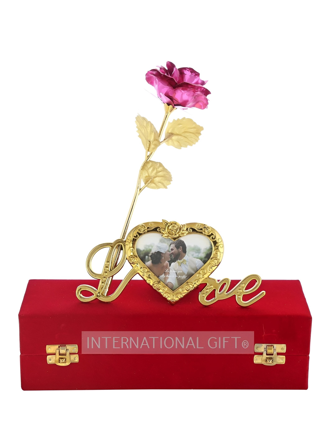 

INTERNATIONAL GIFT Beige & Pink Rose with Love Shape Photo Frame & Red Box