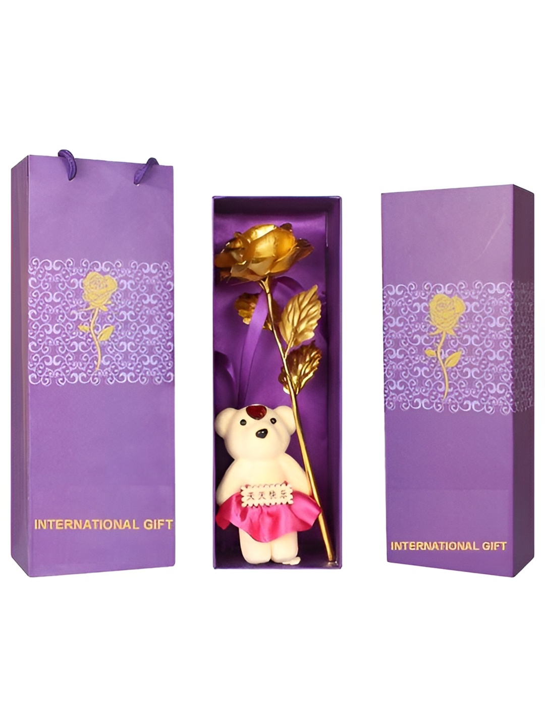 

INTERNATIONAL GIFT Beige 2 Pieces Rose & Teddy Home Gift Sets, Gold