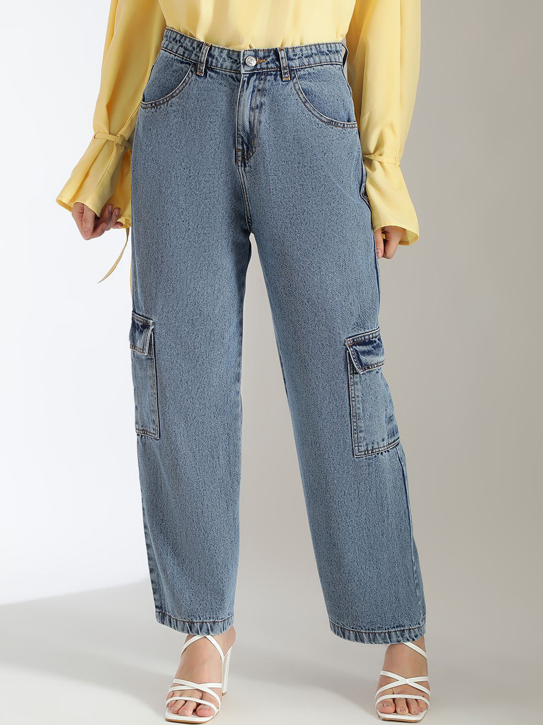 

Kotty Women High-Rise Clean Look Stretchable Cargo Jeans, Blue