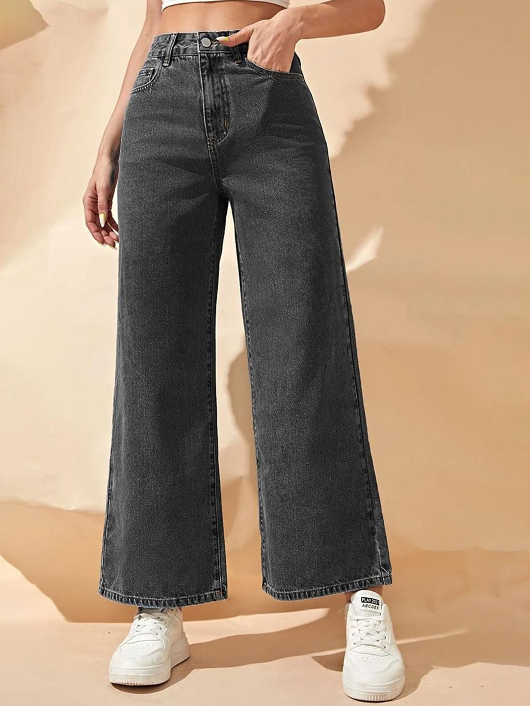 

Kotty Women Wide Leg High-Rise Clean Look Stretchable Jeans, Grey