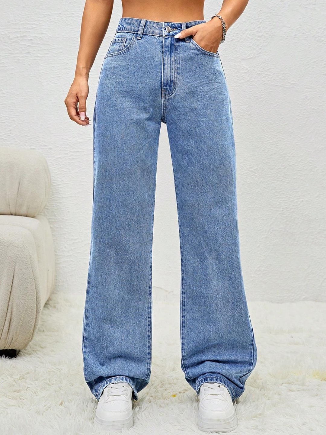 

Kotty Women Wide Leg High-Rise Clean Look Crinkle Stretchable Jeans, Blue