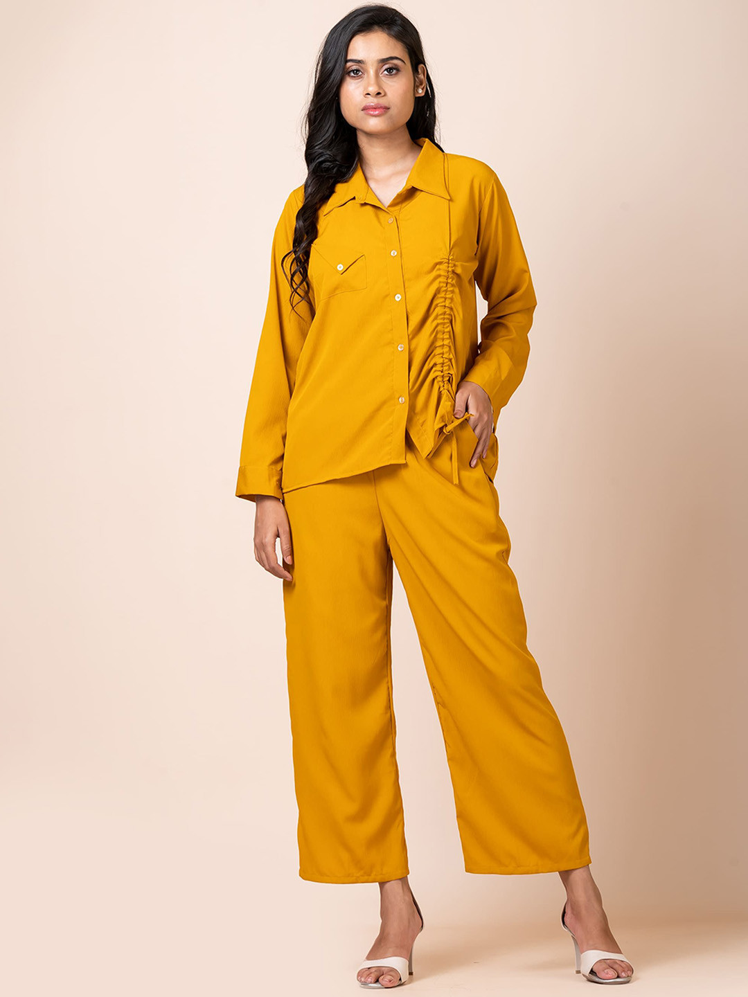 

SARSO Cinched Cuffed Sleeves Pocket Detailing Casual Shirt & Flared Trousers, Mustard