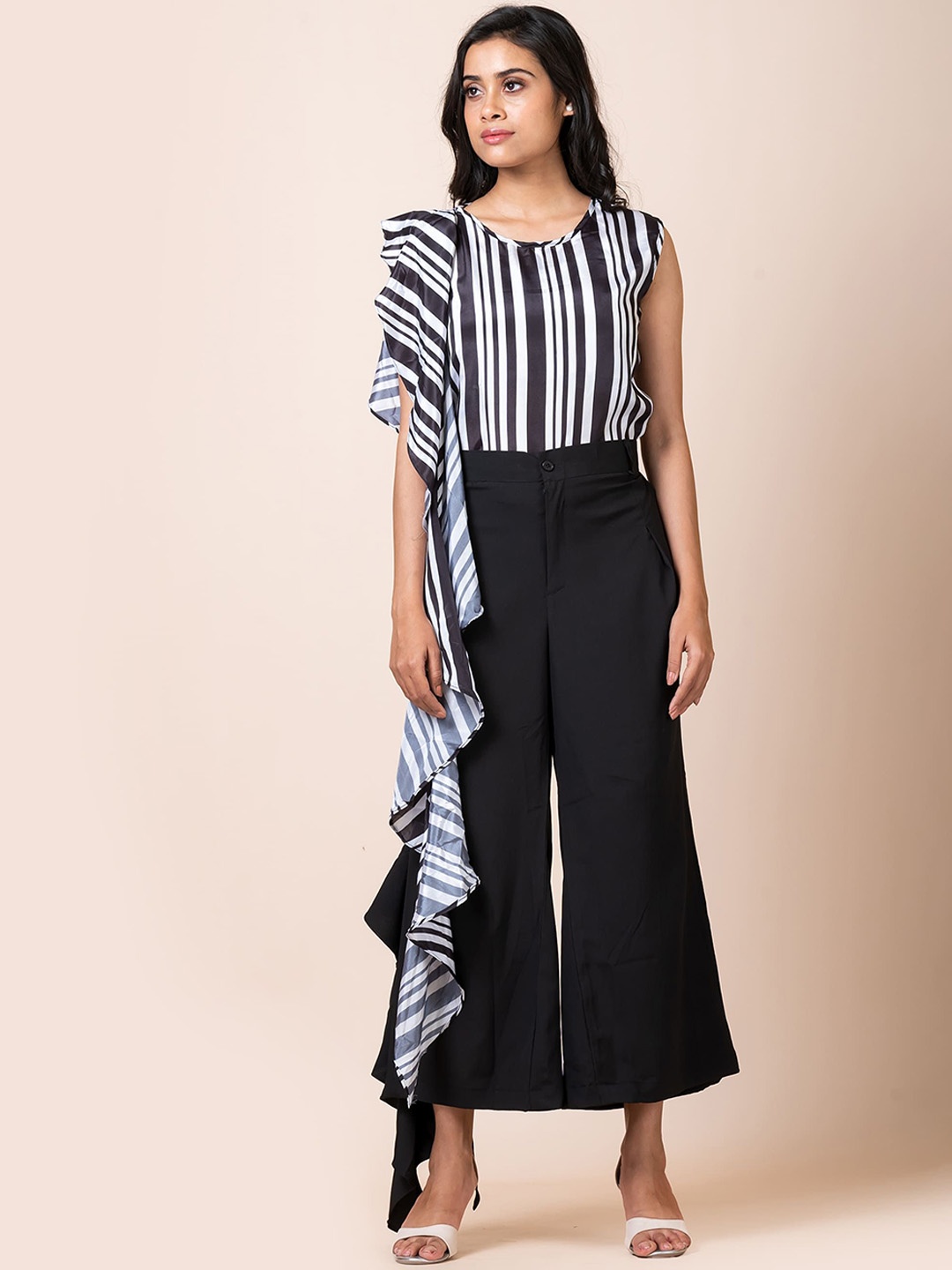 

SARSO Vertical Striped Ruffle Detail Round Neck Casual Top With Palazzos, Black