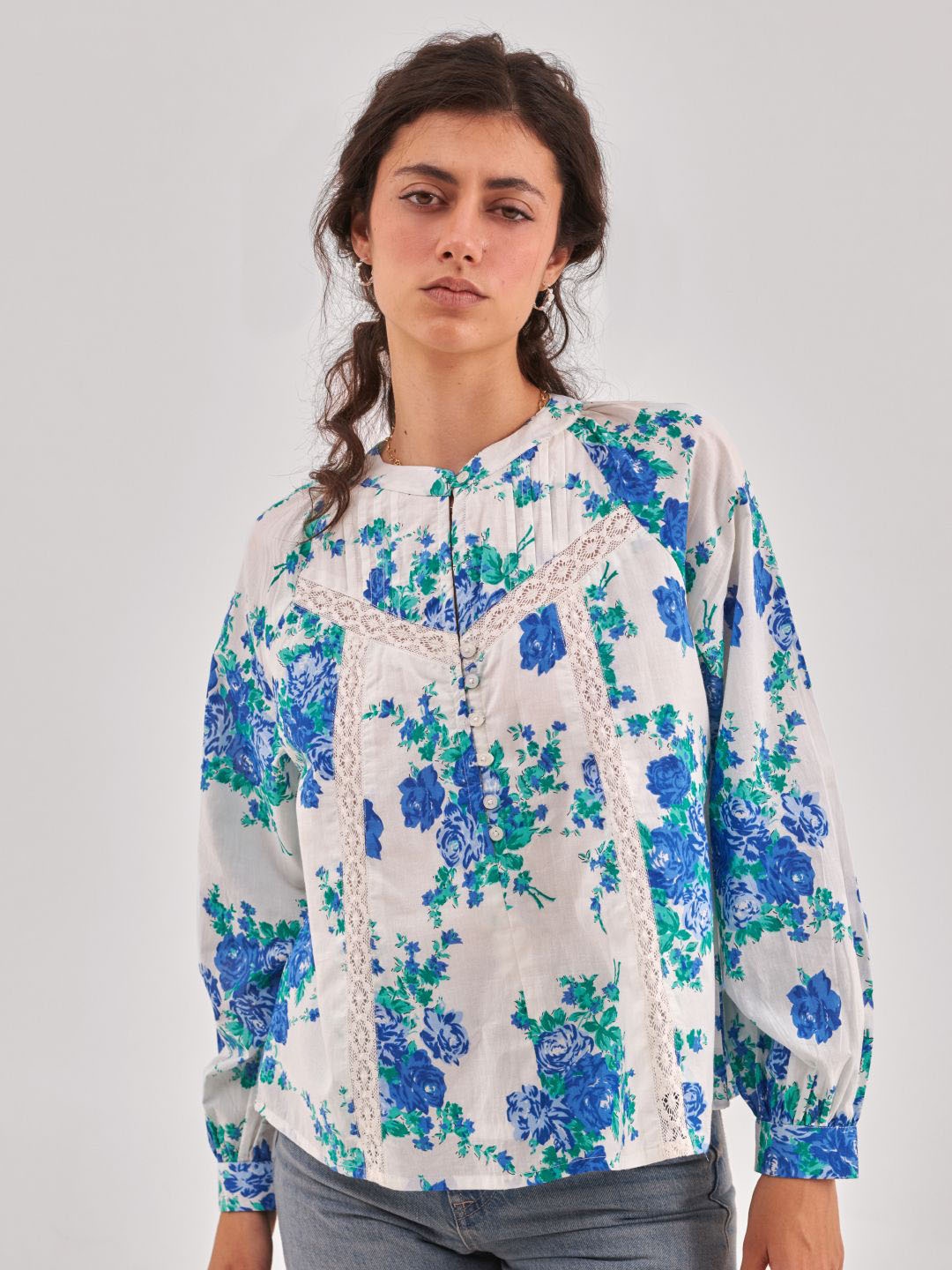 

QOMN Floral Printed Band Collar Pure Cotton Top, White
