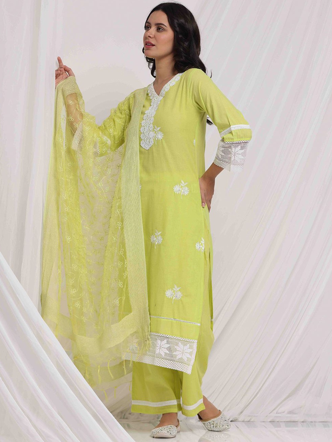 

Anouk Floral Embroidered V-Neck Pure Cotton Straight Kurta with Trousers & Dupatta, Lime green