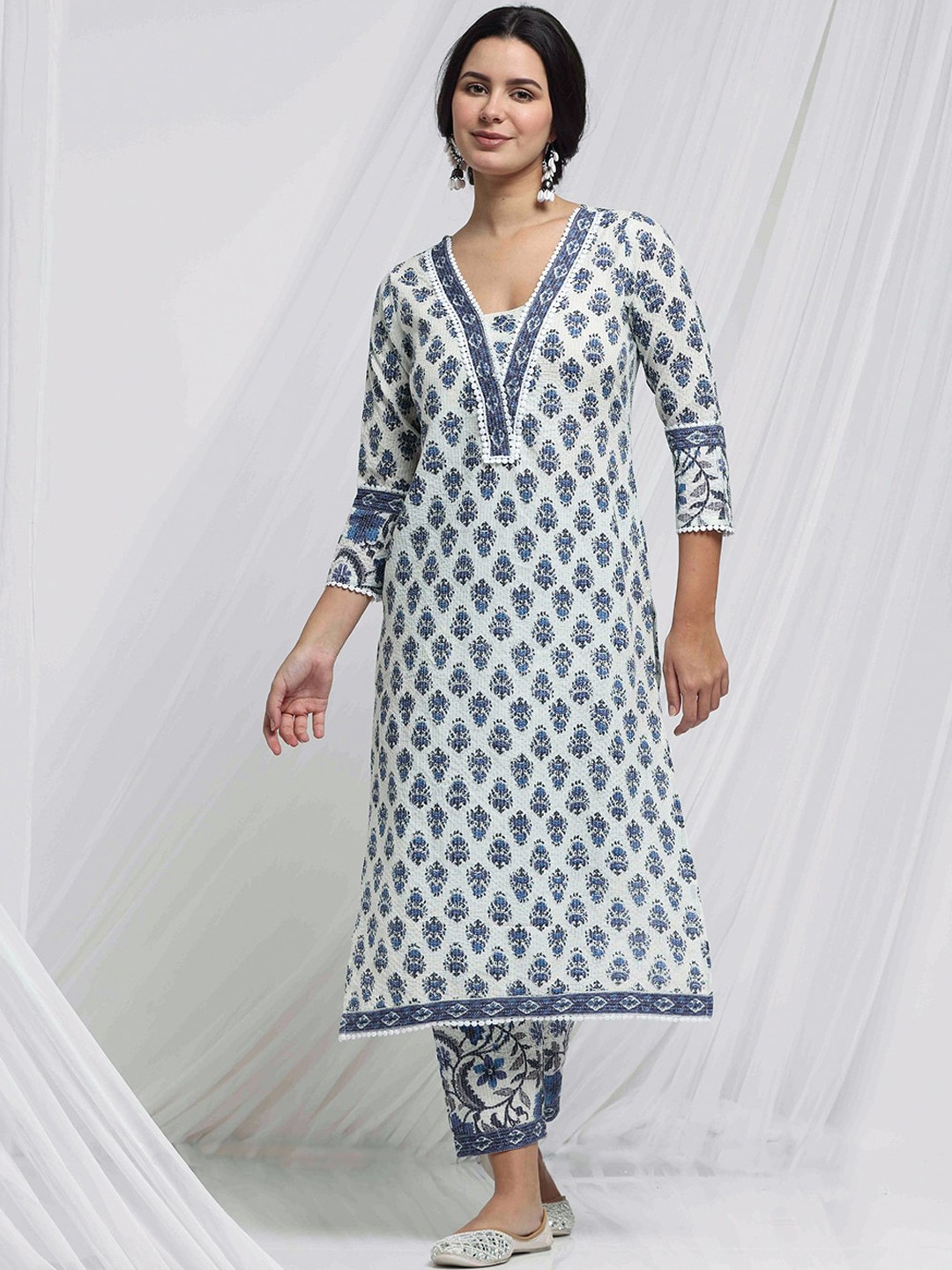 

Anouk White Ethnic Motifs Printed Regular Kantha Work Pure Cotton Kurta With Trousers