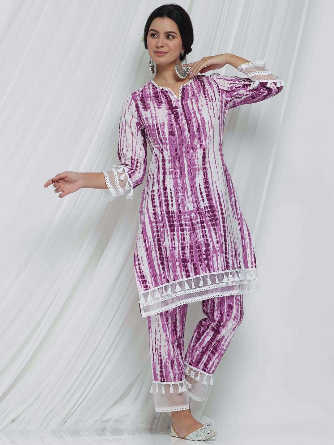 

Anouk Purple Abstract Printed Regular Kantha Work Tassels Pure Cotton Kurta With Trousers