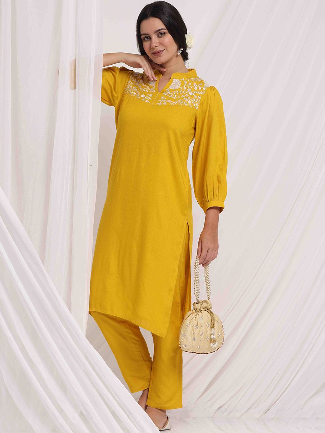 

Anouk Ethnic Motifs Embroidered Mandarin Collar Thread Work Straight Kurta with Trousers, Mustard