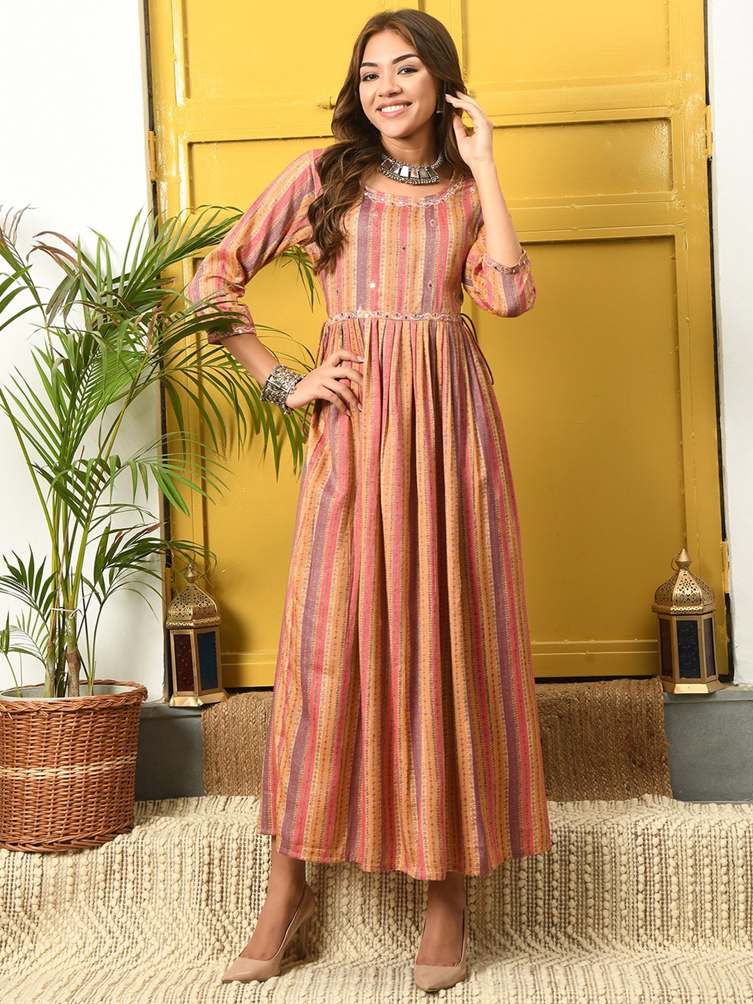 

Chandbaali Floral Printed Mirror Work Anarkali Kurta, Brown