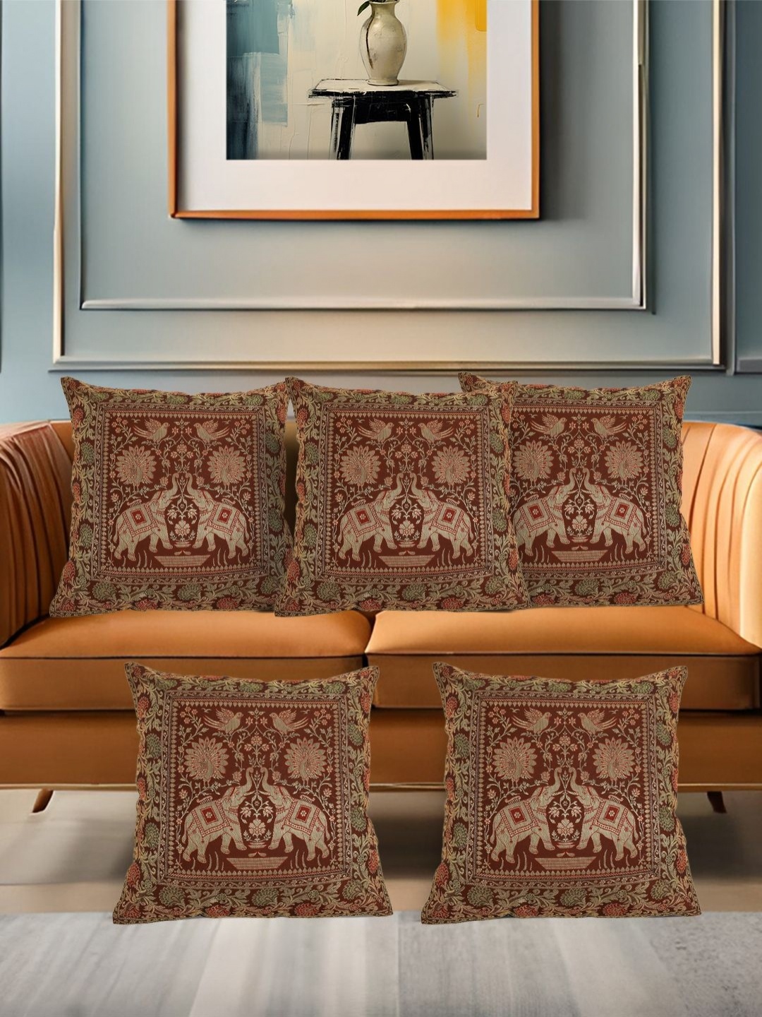 

Aditya Impex Brown & Gold-Toned 5 Pieces Ethnic Motifs Square Cushion Covers