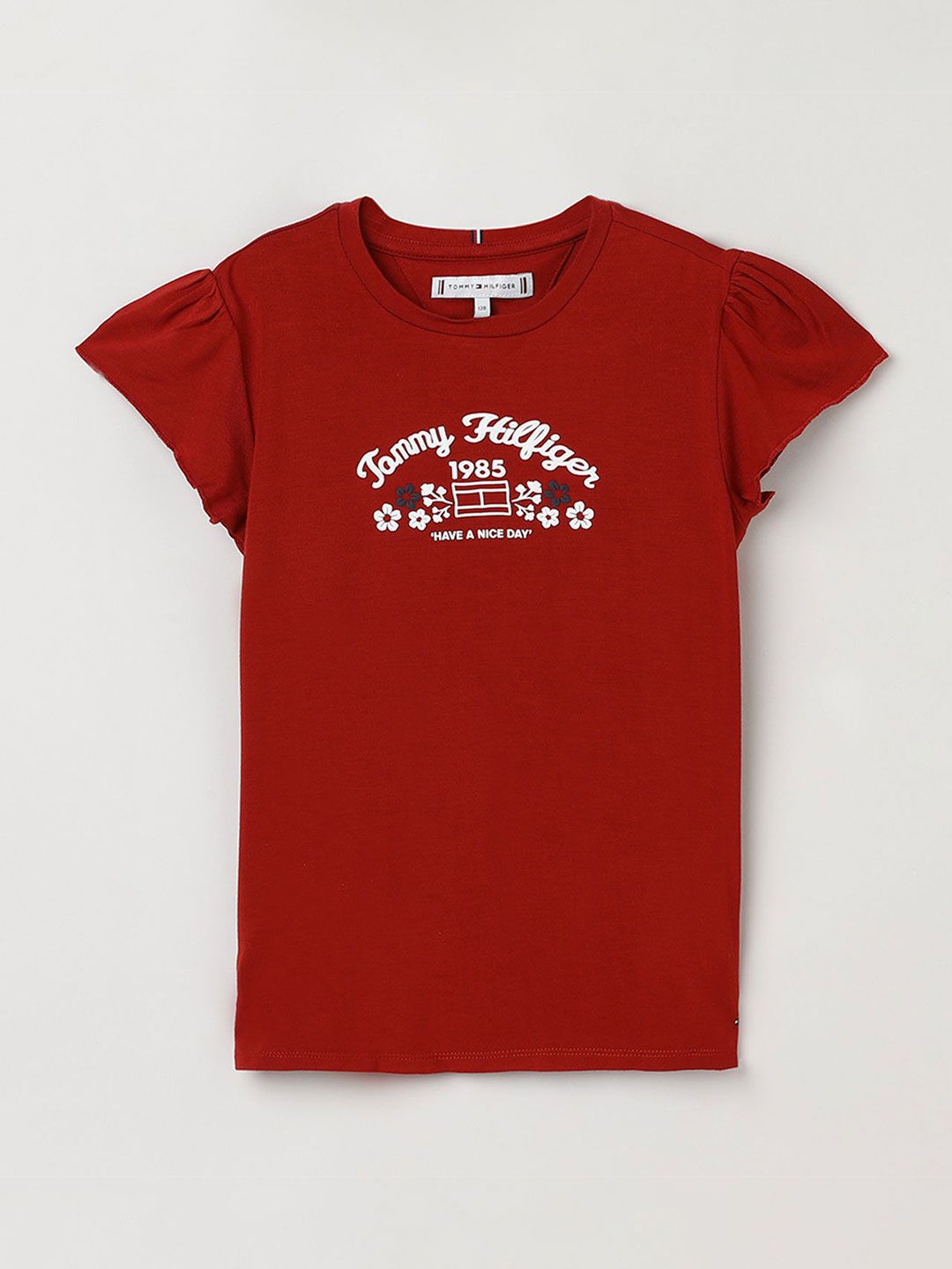 Tommy Hilfiger Girls Typography Printed Round Neck T-shirt, Red