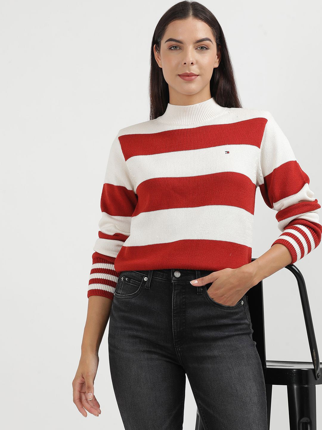 

Tommy Hilfiger Turtle Neck Long Sleeves Striped Pullover Sweater, Red