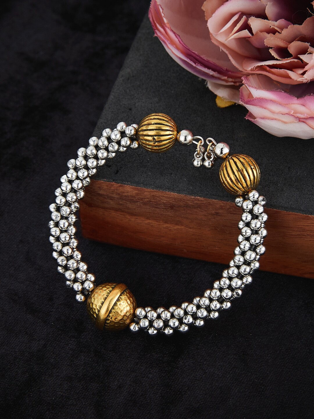 

ATIBELLE Silver-Plated Beaded Bangle-Style Bracelet