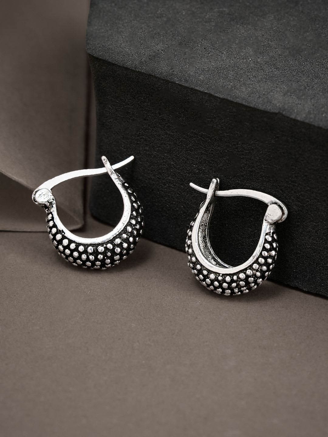 

ATIBELLE Silver-Plated Contemporary Oxidised Hoop Earrings