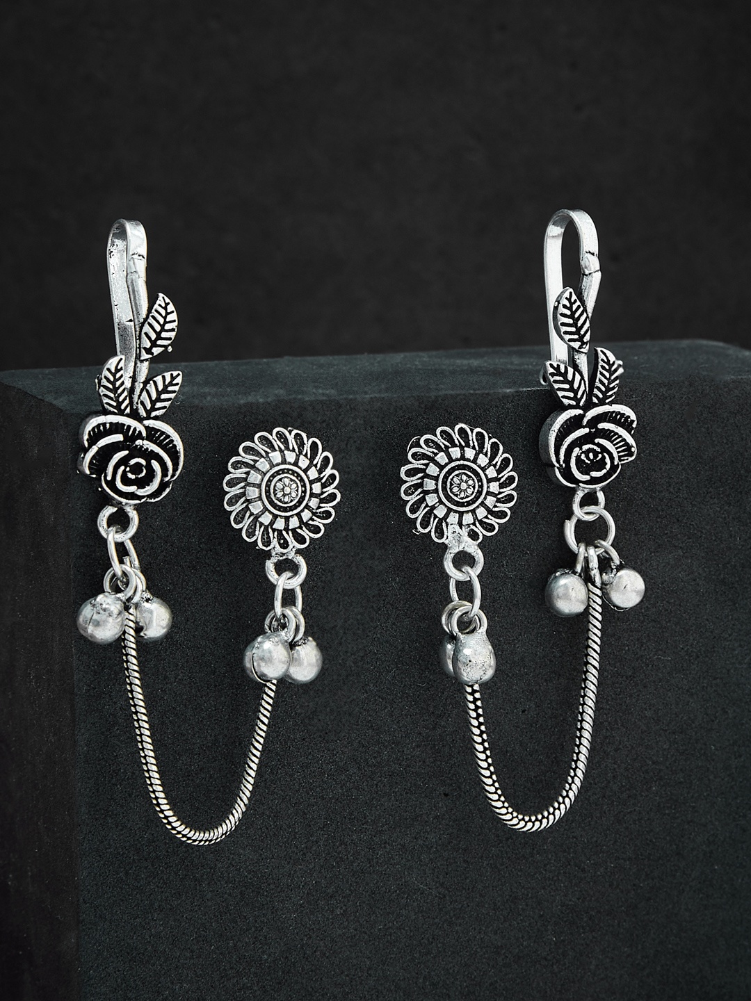 

ATIBELLE Silver-Plated Contemporary Oxidised Drop Earrings With Ear-Cuffs